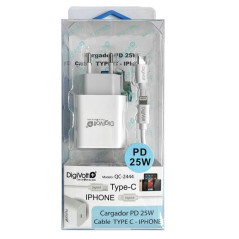 Kit Carregador iPhone + Cabo USB-C 1M - DigiVolt 25W PD Branco