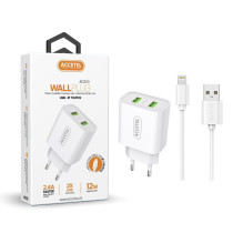 AC323 Carregador de Parede 2.4A com Portas USB Duplas - Cabo Lightning