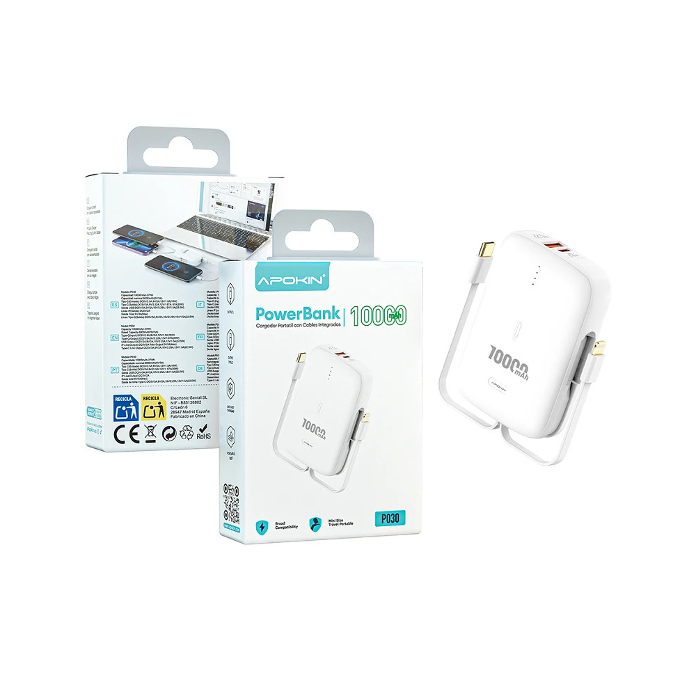 Bateria externa com cabos integrados, 10000mAh, branca, modelo 65034