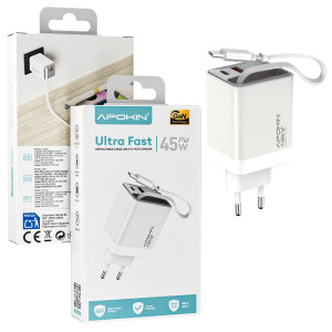 Carregador APOKIN Ultra Fast 45W PD + Cabo Retrátil 81850