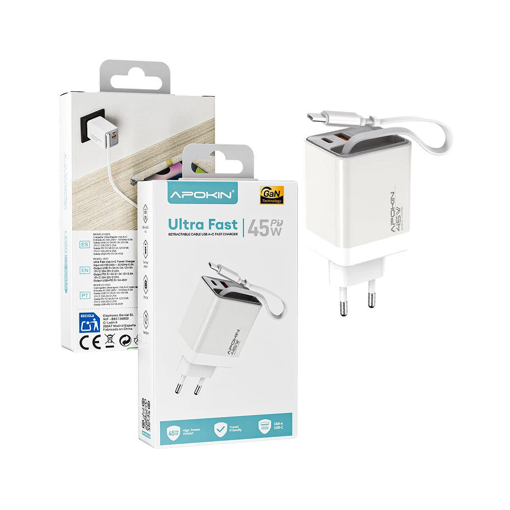 Carregador APOKIN Ultra Fast 45W PD + Cabo Retrátil 81850