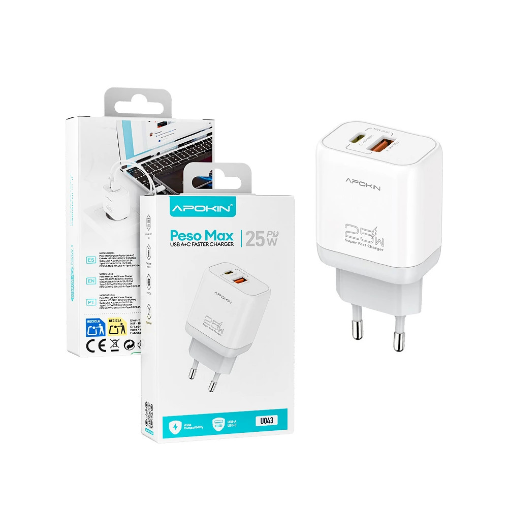 Carregador PesoMax 25W Entrada Dupla USB-A + PD/QC Sem Cabo APOKIN - Branco U043